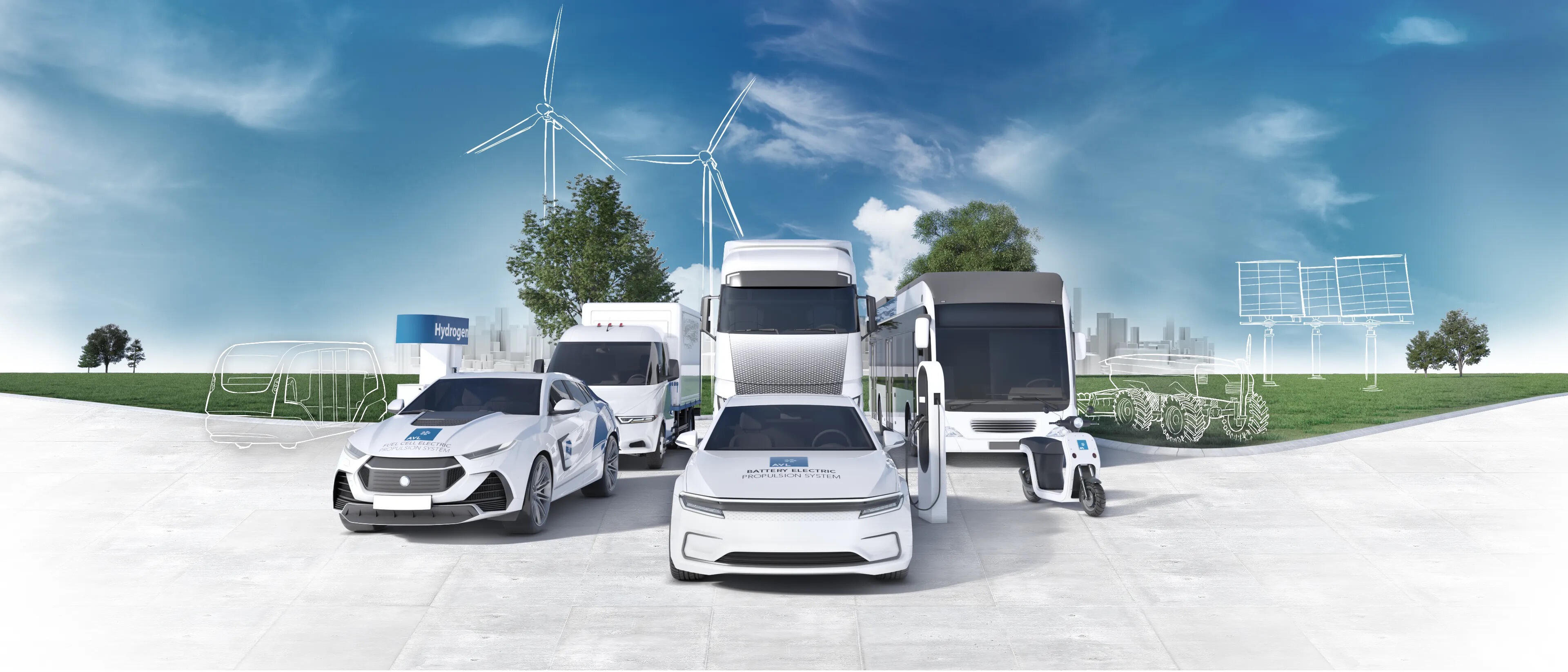 Main key visual created for AVL’s PTE segment, developed in collaboration with corporate marketing, segment leadership, and executive stakeholders. The image presents a future-facing mobility ecosystem across battery electric, hydrogen, commercial, public